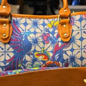 Floral Patterned Tan Leather Women's Bag BATIK Style From BALI